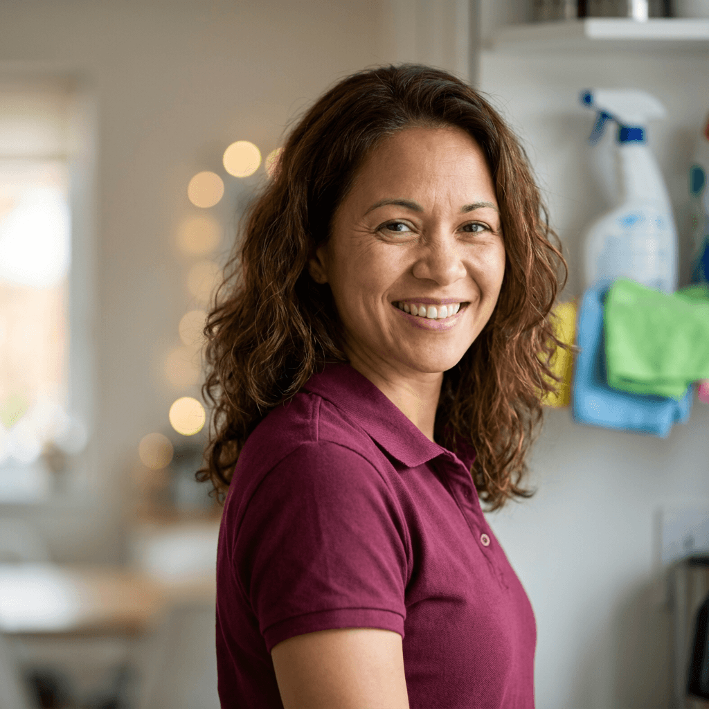 Linda R. in her clean kitchen in Heidelberg