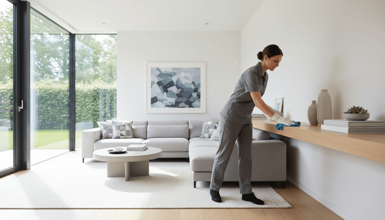 Professional cleaner dusting a wooden shelf in a bright modern living room with natural light