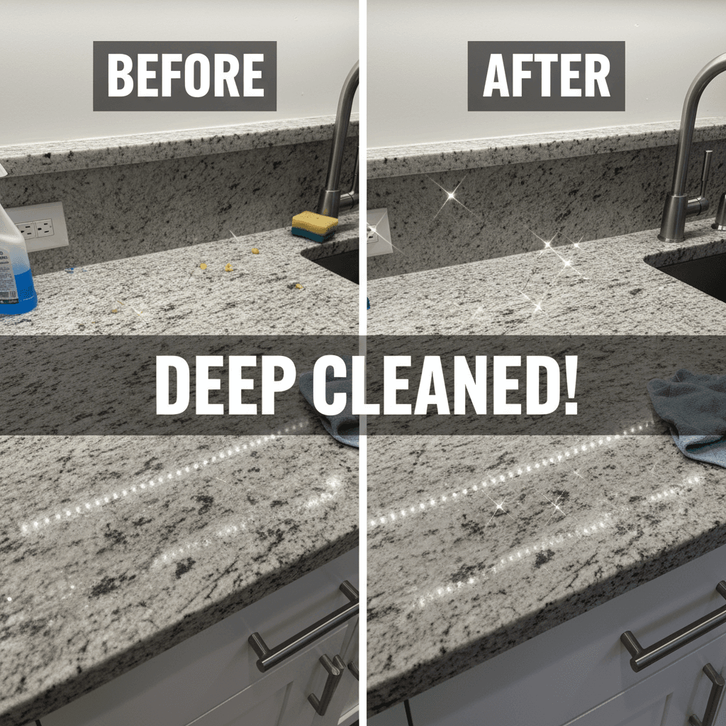 Clean kitchen counter after deep cleaning showing sparkle