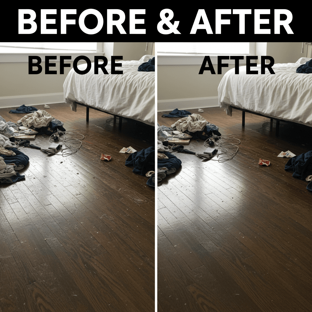 Bedroom floor after vacuuming and mopping