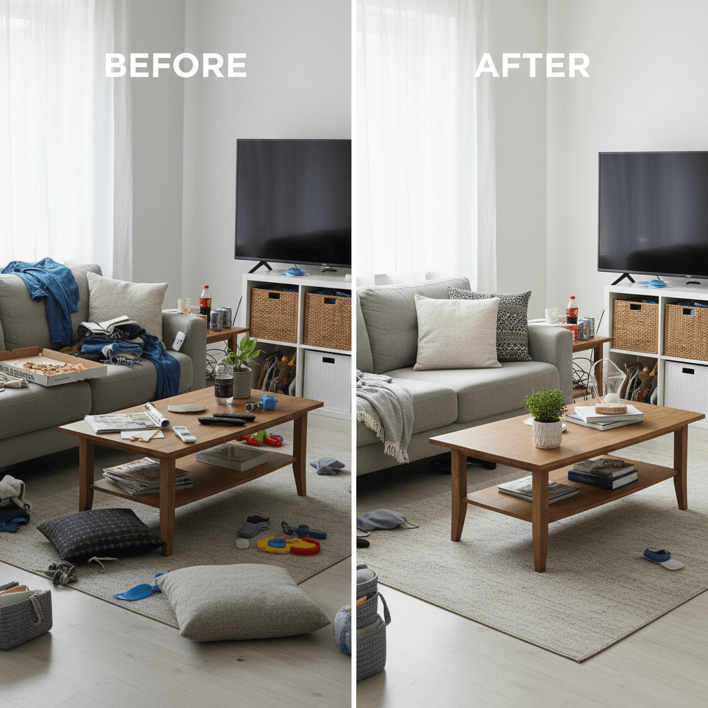 Living room after cleaning showing organized space