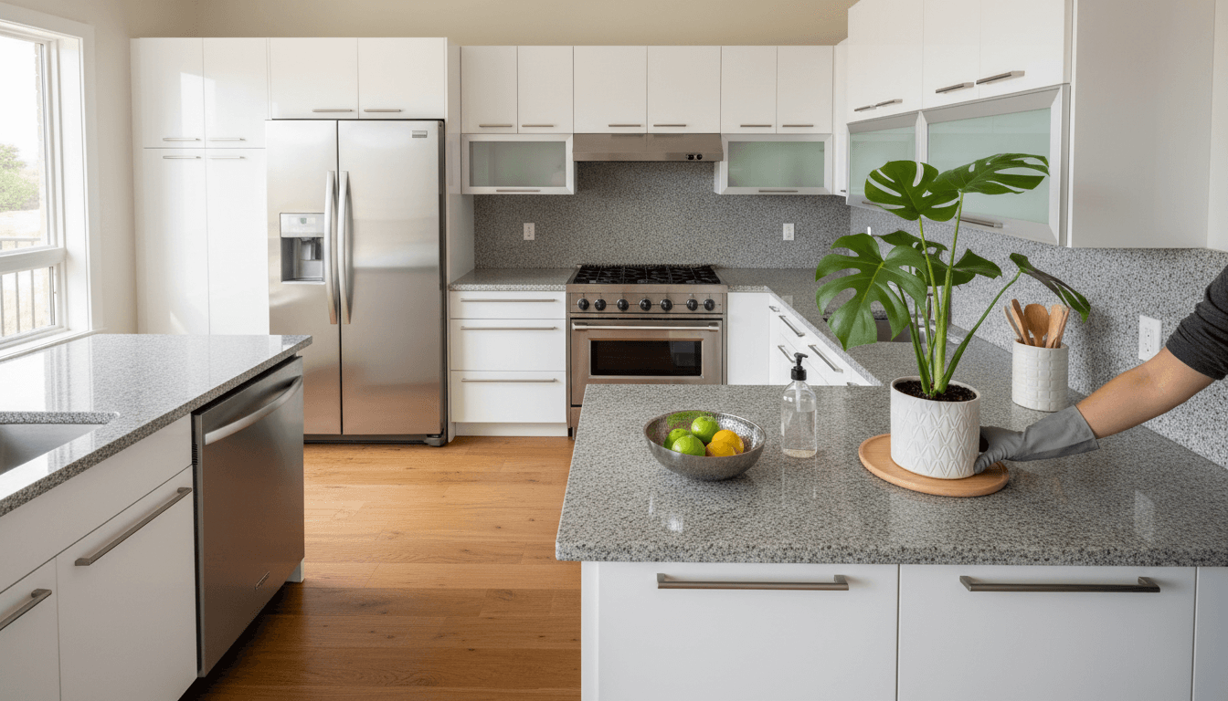 Kitchen countertops before cleaning showing clutter and after cleaning showing organized surfaces
