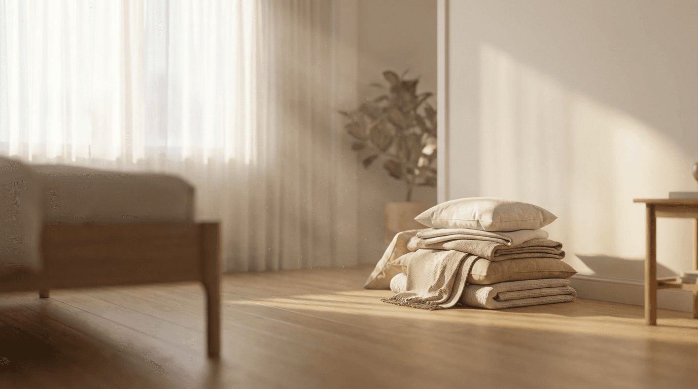 A clean, bright living room with natural light and fresh curtains