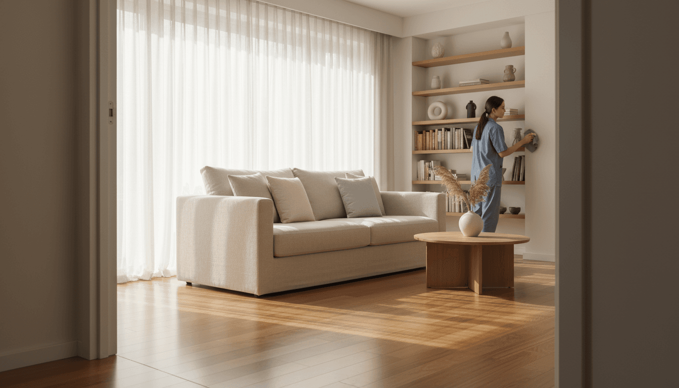 Living room before cleaning with scattered items and after cleaning with polished floors