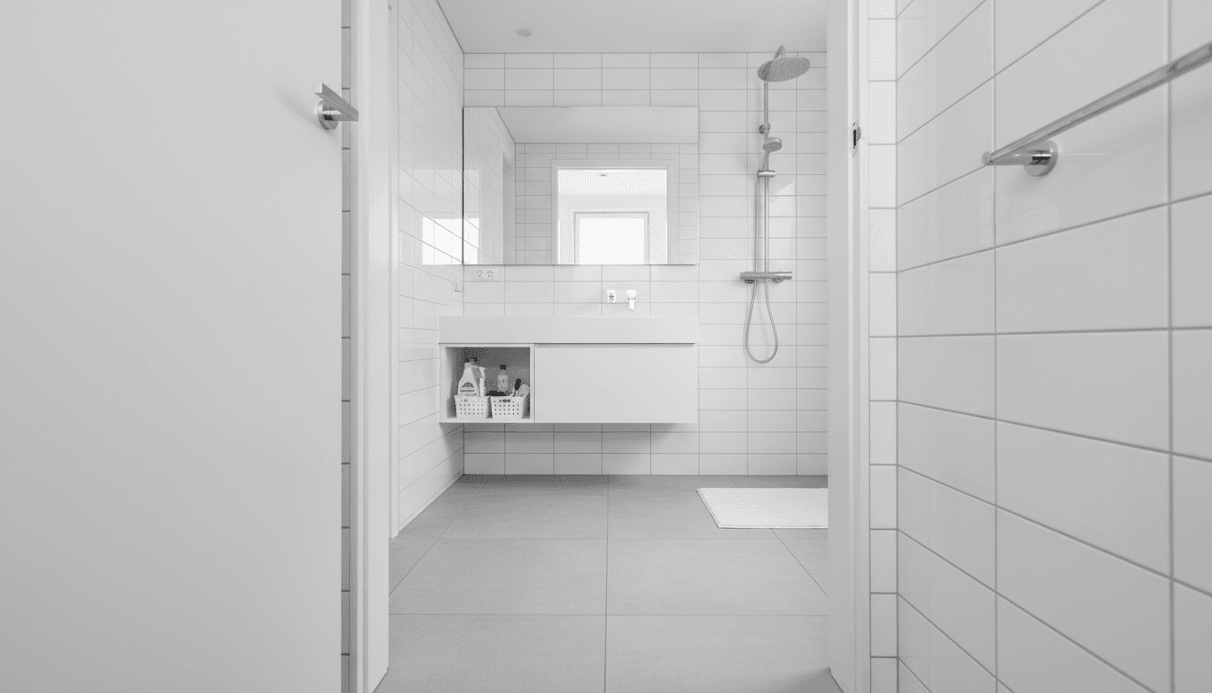 Bathroom shower tiles before cleaning with grime and after cleaning sparkling white