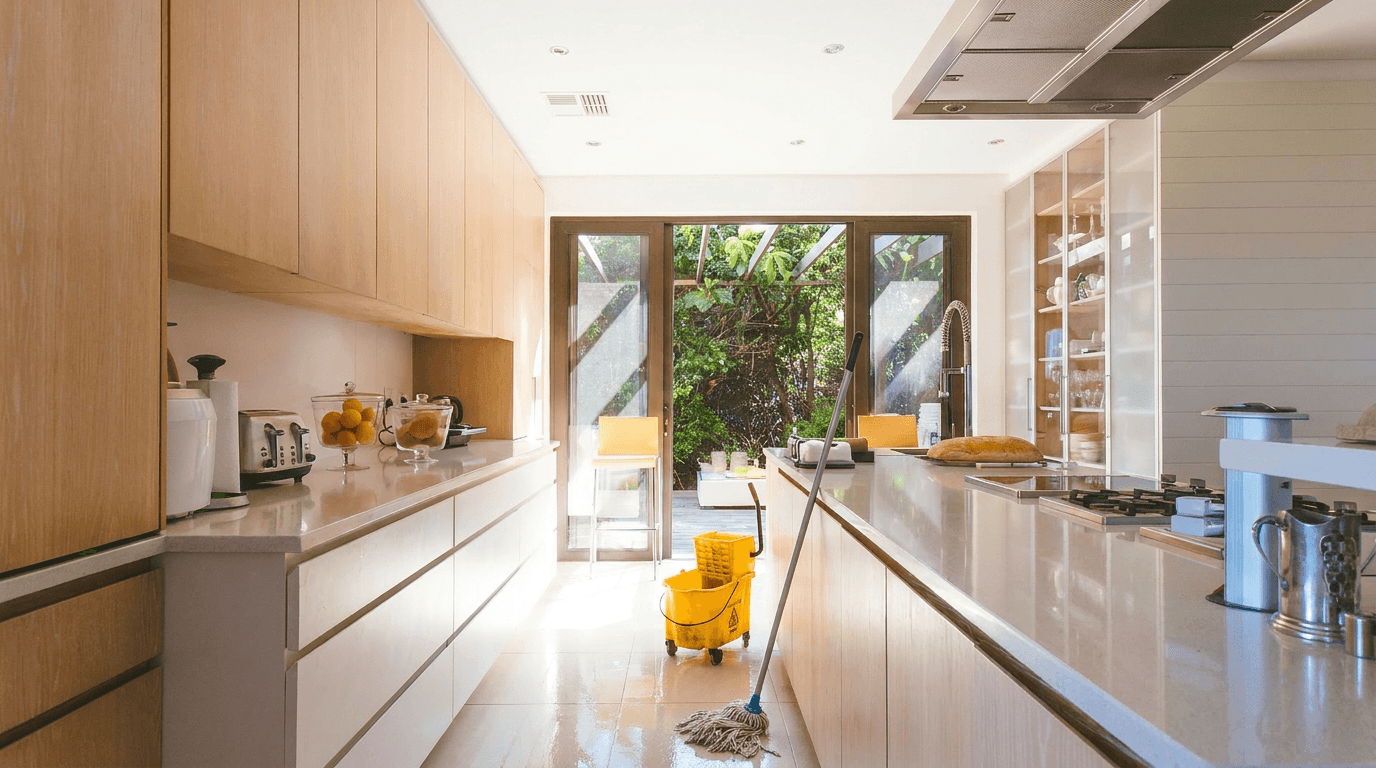 Clean kitchen after a professional deep clean with sparkling countertops and shiny appliances